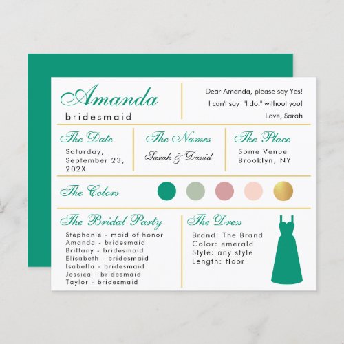  Bridesmaid Information Card Emerald Green Gold