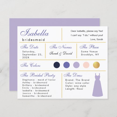  Bridesmaid Information Card Lavender Purple Gold