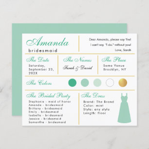 Bridesmaid Information Card Mint Green Faux Gold
