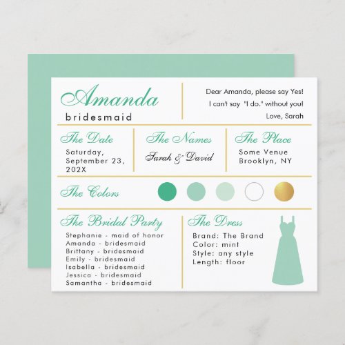  Bridesmaid Information Card Mint Green Faux Gold 