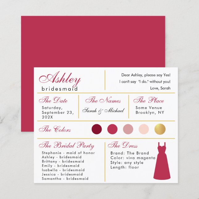  Bridesmaid Information Card Modern Magenta Gold (Front/Back)