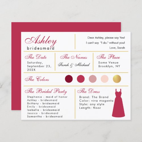  Bridesmaid Information Card Modern Magenta Gold