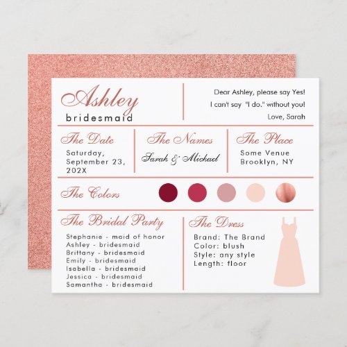  Bridesmaid Information Card Rose Gold Blush Pink 