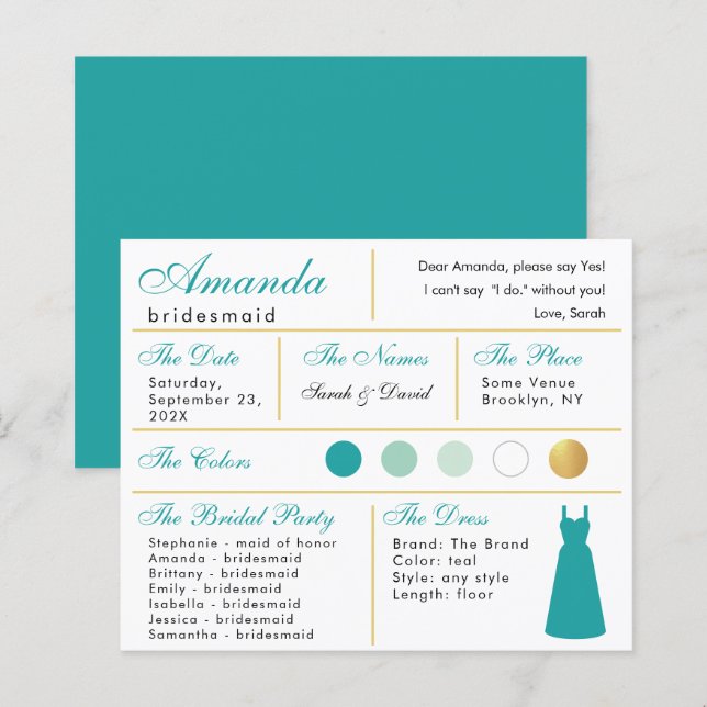  Bridesmaid Information Card Teal Faux Gold Colors (Front/Back)