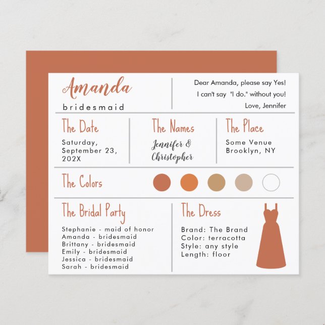 Bridesmaid Information Card - Terracotta Neutrals (Front/Back)