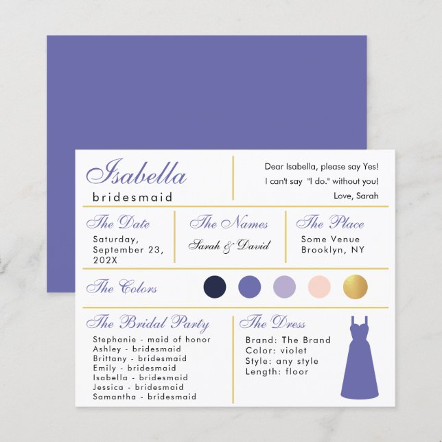  Bridesmaid Information Card Violet Purple Gold (Front/Back)
