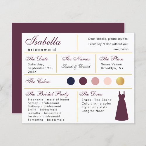  Bridesmaid Information Card Wine Color Faux Gold