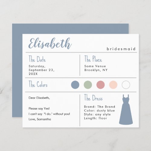 Bridesmaid Information Card with Dusty Blue Dress 