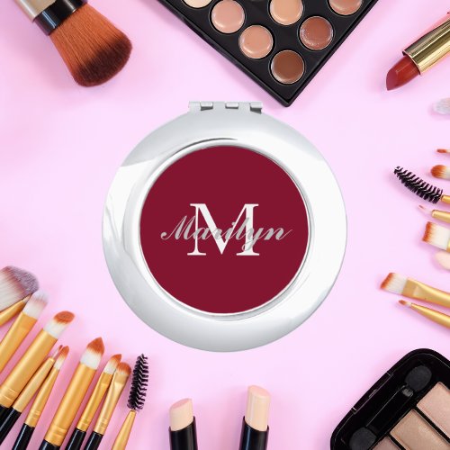 Bridesmaid Initial and Name Burgundy Compact Mirror