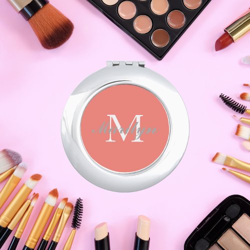 Bridesmaid Initial and Name Coral Compact Mirror