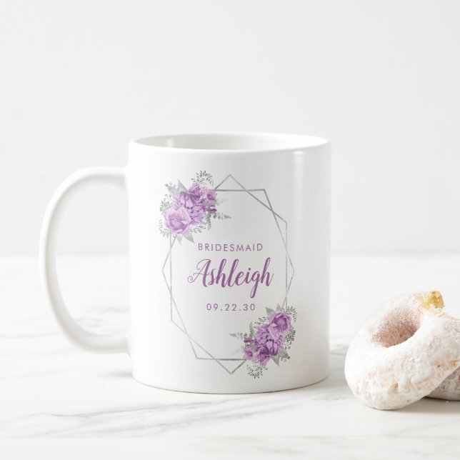 Bridesmaid Lavender Floral Geometric Silver Frame Coffee Mug (With Donut)