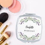 Bridesmaid lavender florals eucalyptus compact mirror<br><div class="desc">Decorated with lavender flowers and eucalyptus greenery.  Personalize and add your bridesmaid's name.   Black handwritten style script.</div>