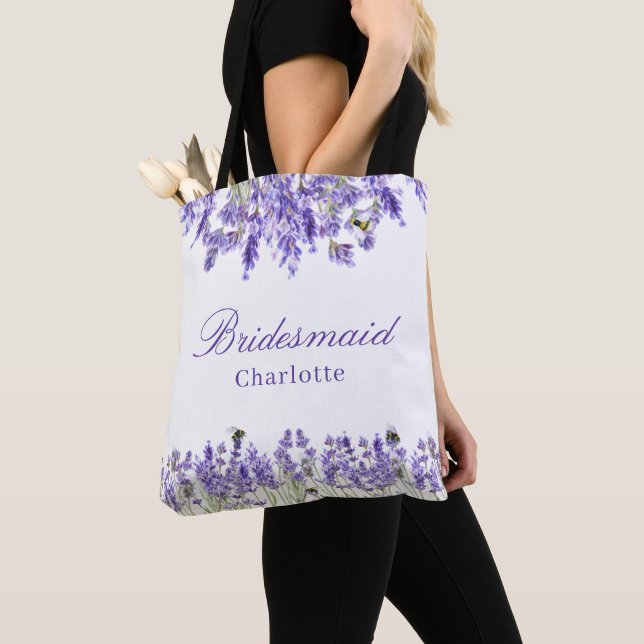 Bridesmaid lavender flowers violet name script tote bag (Close Up)