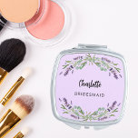 Bridesmaid lavender violet florals eucalyptus compact mirror<br><div class="desc">A violet colored background. Decorated with lavender flowers and eucalyptus greenery.  Personalize and add your bridesmaid's name.   Black handwritten style script.</div>