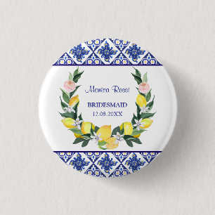 Bridesmaid Lemon Blue Italian Tiles Bridal Shower Button