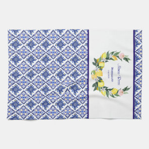 Bridesmaid Lemon Blue Italian Tiles Bridal Shower Kitchen Towel
