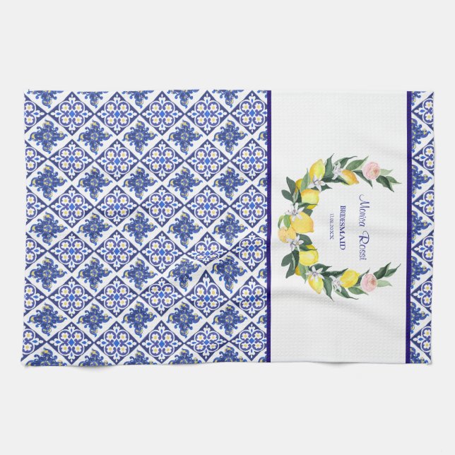 Bridesmaid Lemon Blue Italian Tiles Bridal Shower  Kitchen Towel (Horizontal)
