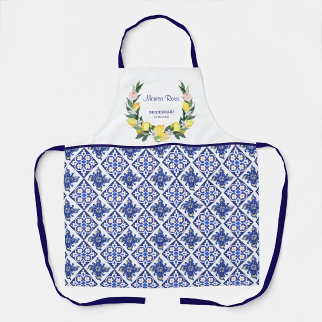 Bridesmaid Lemons Blue Italian Tiles Bridal Shower Apron (Front)