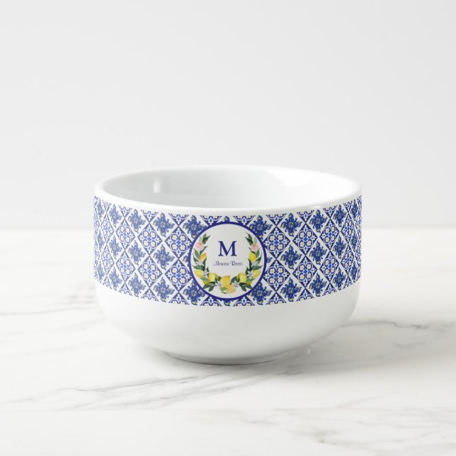 Bridesmaid Lemons Blue Italian Tiles Bridal Shower Soup Mug (Front)