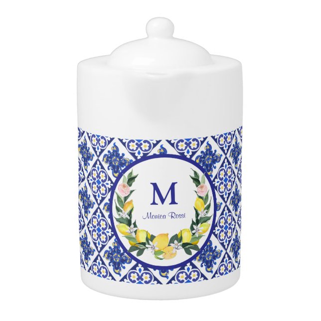 Bridesmaid Lemons Blue Italian Tiles Bridal Shower Teapot (Front)