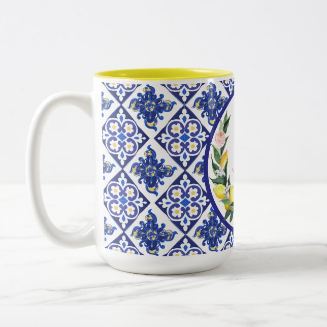 Bridesmaid Lemons Blue Italian Tiles Bridal Shower Two-Tone Coffee Mug (Left)