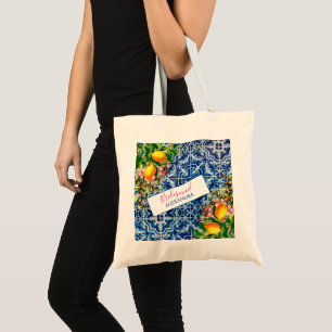Bridesmaid Lemons Floral Blue White Tile Tote Bag