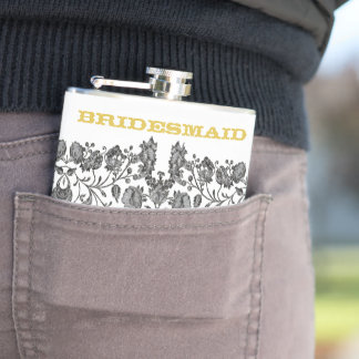 Bridesmaid Love Bird Vintage Floral Yellow & Gray Flask
