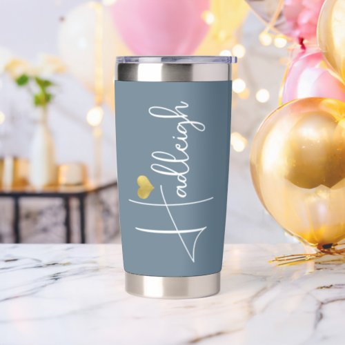 Bridesmaid  Minimal Script Name Gold Heart Blue Insulated Tumbler