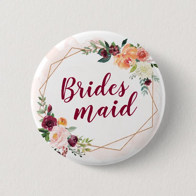 Bridesmaid - Modern Geometric Gold Frame Floral Pinback Button (Front)