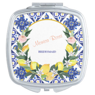Bridesmaid Modern Lemons Blue Bridal Shower Name Compact Mirror