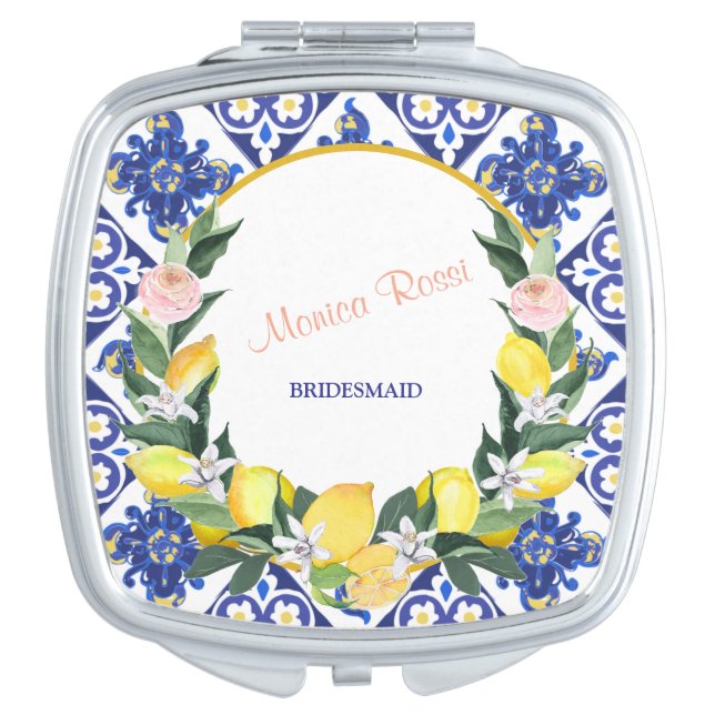 Bridesmaid Modern Lemons Blue Bridal Shower Name  Compact Mirror (Front)