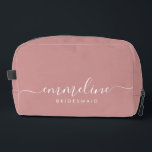 Bridesmaid Modern Minimal Script Cosmetic Toiletry Dopp Kit<br><div class="desc">This Bridesmaid accessory bag features a handwritten white script typography with swashes on a dusty pink background. Present your bridesmaids with a toiletry bag for their makeup and small items traditionally presented at the rehearsal dinner,  for use in the early morning before the wedding.</div>