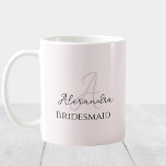 Bridesmaid Modern Minimalist Monogram Blush Pink Coffee Mug<br><div class="desc">The perfect elegant accessory for a bridesmaid proposal or bachelorette! A simple stylish custom monogram design with a modern minimalist handwritten script typography in black on an elegant blush pink background. Personalize the pretty monogram in pink color enhancing the elegance of design.</div>