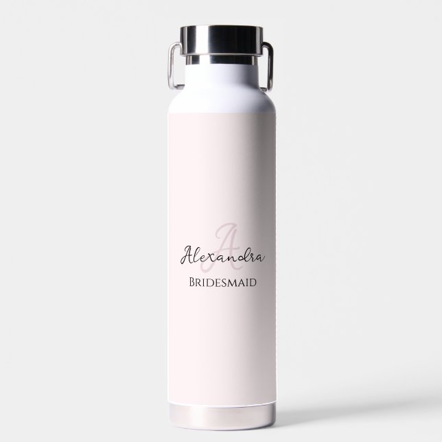 Bridesmaid Modern Minimalist Monogram Blush Pink Water Bottle (Front)