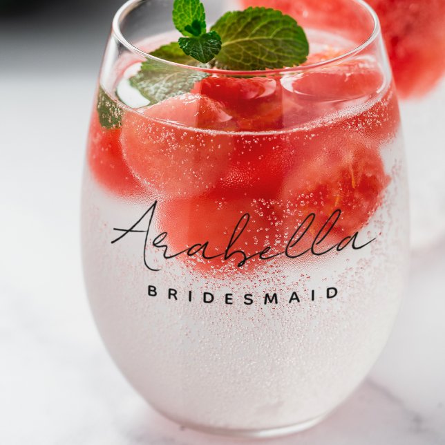 Bridesmaid | Modern Minimalist Script Bachelorette Stemless Wine Glass (Creator Uploaded)