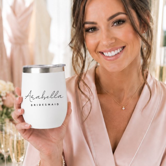 Bridesmaid | Modern Minimalist Script Bachelorette Thermal Wine Tumbler (Personalized bridesmaid wine tumbler by Guava for proposal boxes and wedding mornings)