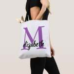 Bridesmaid Modern Minimalist Script Bachelorette Tote Bag<br><div class="desc">Simple tote bag is personalized with a large monogram initial - choose your first or last name initial -  in purple and your first name in chic lettering.  Ideal for yourself,  for your bridesmaids,  bachelorette party or any occasion. MORE colors in our store.</div>