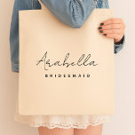 Bridesmaid | Modern Minimalist Script Bachelorette Tote Bag<br><div class="desc">This Bridesmaid custom design features a handwritten script typography. You can easily personalize the name and title or add your custom message! The perfect elegant accessory for a bridesmaid proposal or bachelorette!</div>
