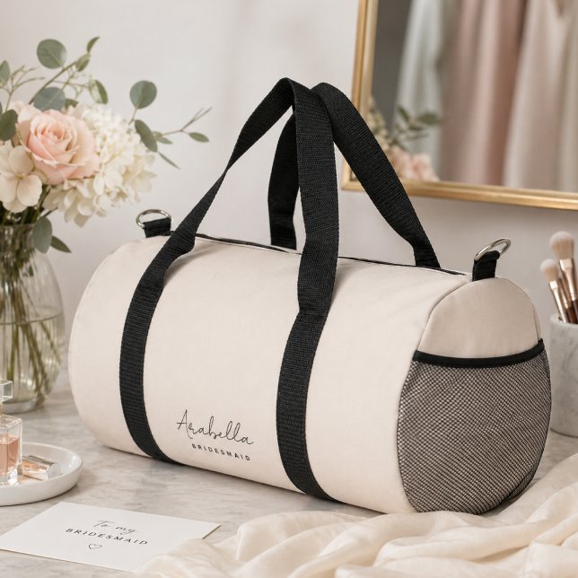 Bridesmaid | Modern Minimalist Script Blush Pink Duffle Bag (Creator Uploaded)