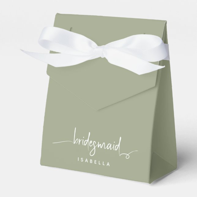 Bridesmaid Modern Minimalist Script Sage Green  Favor Boxes (Front Side)