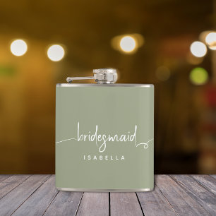 Bridesmaid Modern Minimalist Script Sage Green Flask