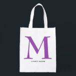 Bridesmaid Modern Script Bachelorette Bag<br><div class="desc">Simple white tote bag at a great price, is ready to personalize with a large monogram initial - choose your first or last name initial - in purple and your full name below in black. Ideal for yourself, to fill for gifts to your bridesmaids, or any occasion. MORE colors in...</div>