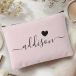 Bridesmaid Modern Script Blush Pink Heart Accessory Pouch<br><div class="desc">This elegant accessory pouch features a stylish blush pink background adorned with a modern script font displaying a personalized name and a charming heart design. The soft, feminine color and sophisticated typography make it a perfect accessory for bridesmaids or anyone who appreciates chic and trendy designs. Its versatile use and...</div>