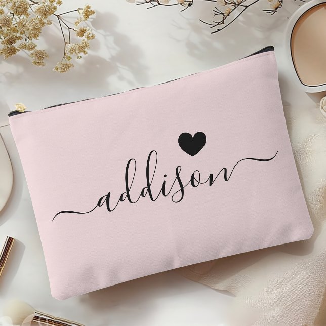 Bridesmaid Modern Script Blush Pink Heart Accessory Pouch (Creator Uploaded)