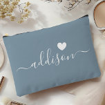 Bridesmaid Modern Script Dusty Blue Heart Accessory Pouch<br><div class="desc">This elegant accessory pouch features a stylish dusty blue background adorned with a modern script font displaying a personalized name and a charming heart design. The soft, feminine color and sophisticated typography make it a perfect accessory for bridesmaids or anyone who appreciates chic and trendy designs. Its versatile use and...</div>