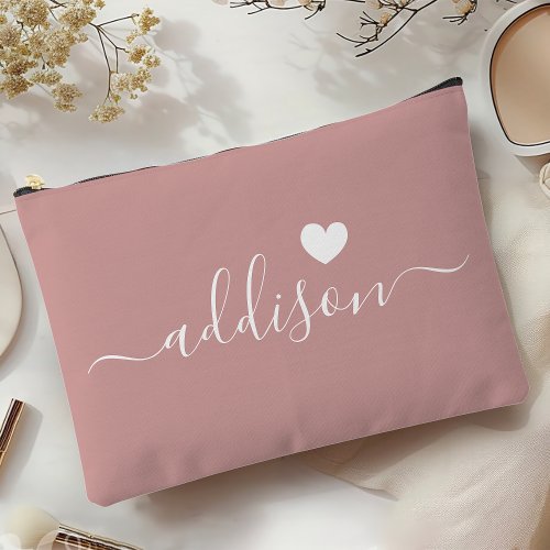 Bridesmaid Modern Script Dusty Rose Heart Accessory Pouch