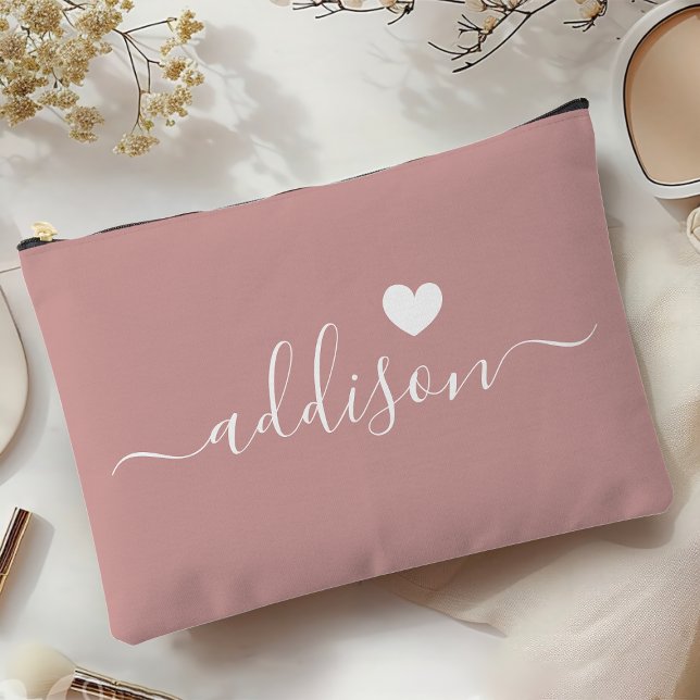 Bridesmaid Modern Script Dusty Rose Heart Accessory Pouch (Creator Uploaded)