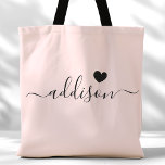 Bridesmaid Modern Script Heart Blush Pink Tote Bag<br><div class="desc">This chic tote bag features a beautiful Blush Pink background adorned with a modern script font and a delicate heart design. The soft, elegant color and sophisticated typography make it an ideal accessory for bridesmaids or anyone who loves stylish and trendy designs. Perfect for carrying essentials, this tote bag adds...</div>