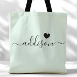 Bridesmaid Modern Script Heart Pale Mint Tote Bag<br><div class="desc">This chic tote bag features a beautiful Pale Mint background adorned with a modern script font and a delicate heart design. The soft, elegant color and sophisticated typography make it an ideal accessory for bridesmaids or anyone who loves stylish and trendy designs. Perfect for carrying essentials, this tote bag adds...</div>