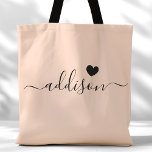 Bridesmaid Modern Script Heart Peach Beige Tote Bag<br><div class="desc">This chic tote bag features a beautiful Peach Beige background adorned with a modern script font and a delicate heart design. The soft, elegant color and sophisticated typography make it an ideal accessory for bridesmaids or anyone who loves stylish and trendy designs. Perfect for carrying essentials, this tote bag adds...</div>